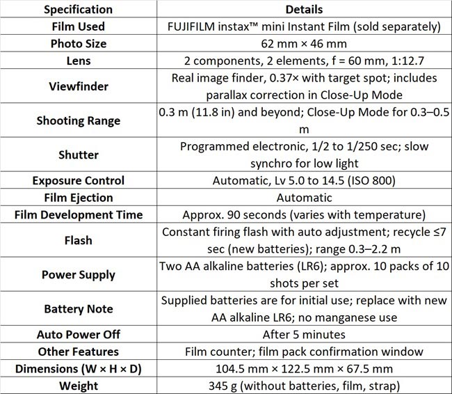 مشخصات دوربین FUJIFILM instax mini 41™